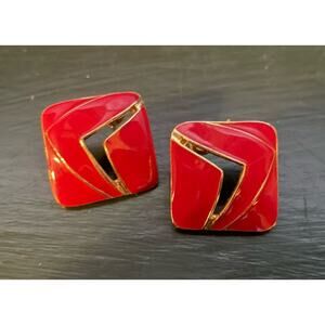 Art Deco Style Red Enamel Earrings Stud Vintage